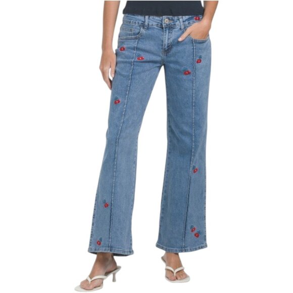 FLYING ANGEL Denim - FLYING ANGEL Light Wash Cherry Embroidered Wide Leg Jeans